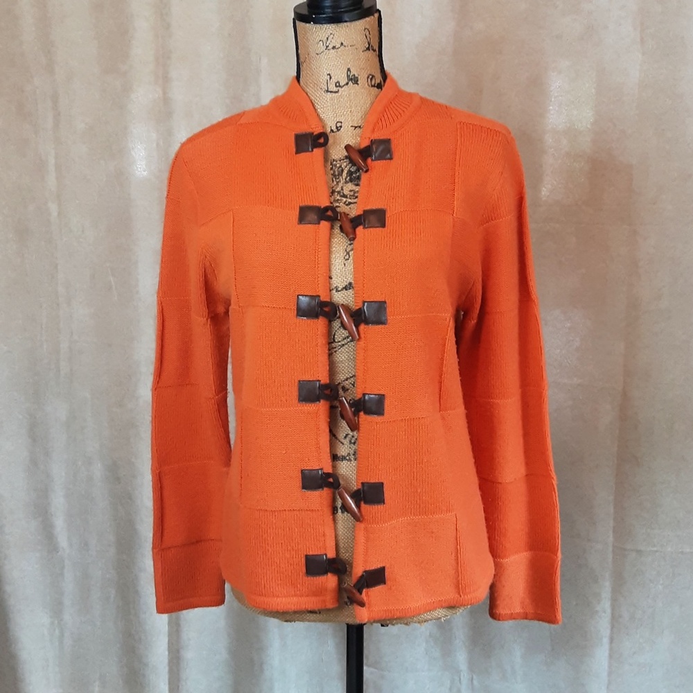 Pumpkin Orange Acrylic Button Cardigan Wood Leather Buttons Size S